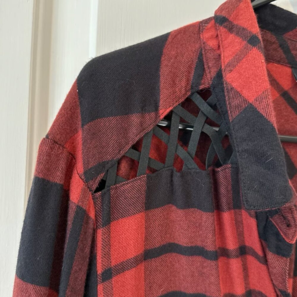 Torrid Red Black Buffalo Plaid Flannel Button Down Strappy Shoulder Cutout Top 3 - Picture 2 of 3